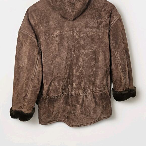 Vintage Synergy Oversized Leather Faux Shearling Coat Large Chocolate Brown - Picture 6 of 13